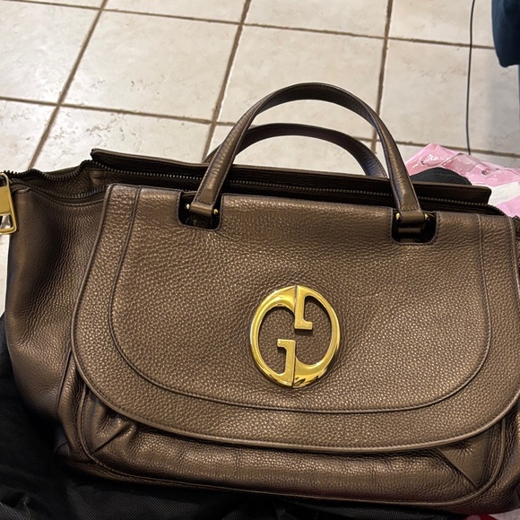 Gucci Handbags - Gucci Dark Brown Pebbled Leather Satchel with Gold Double G Emblem